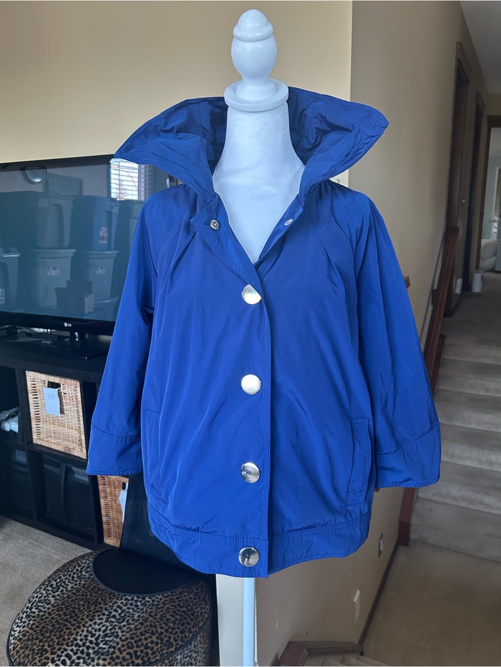 Womens Blue Button-Front collared Rain Jacket